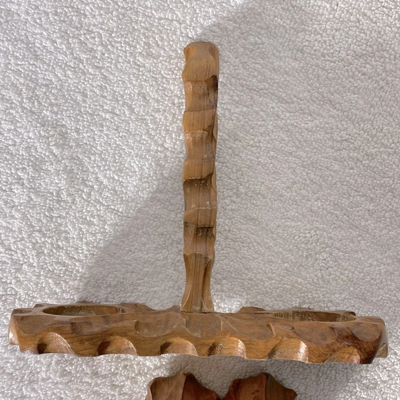 Vintage Hand Carved Wood Salt & Pepper Shakers With Carrier Stand - Picture 13 of 15